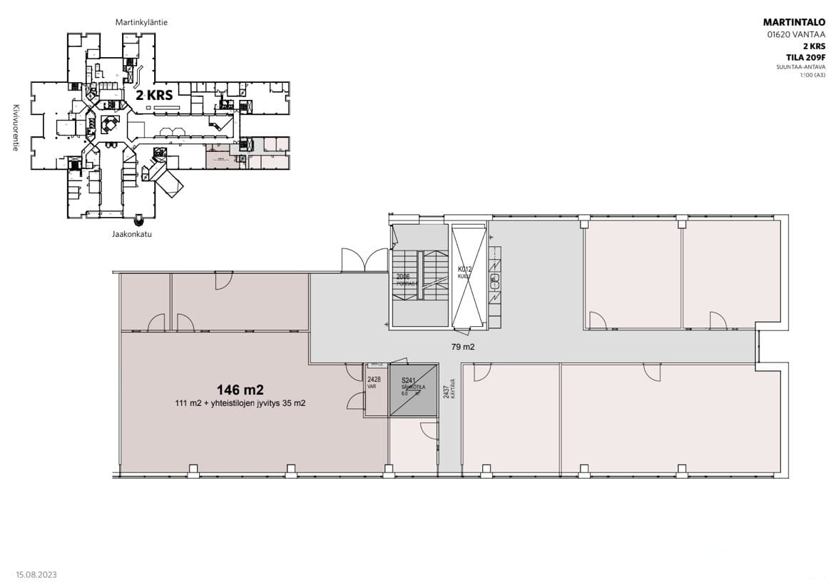 Martintalon 2. kerroksen 146 m² toimistotilan pohjapiirros Vantaalla, joka sisältää avotilaa ja työhuoneita"Title (Otsikko): "Martintalon 2. Kerroksen Pohjapiirros